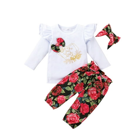 

AIMAOMI Baby Kids Girls Alphabet Print Tops+Flower Pants+Bowknot Outfits Clothes Sets H