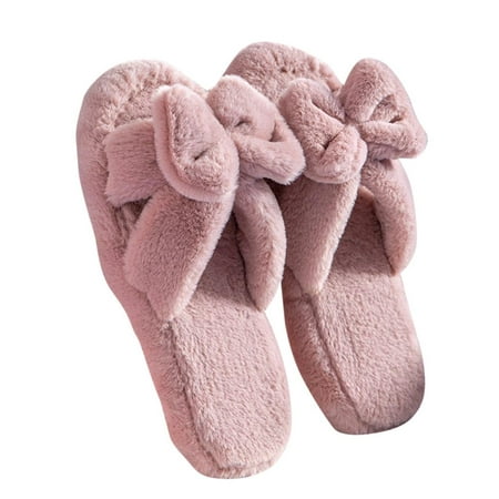

HOTWINTER Ladies Furry Slippers Womens Fluffy Sliders Open Toe Faux Fur Bow Soft Plush Shoes