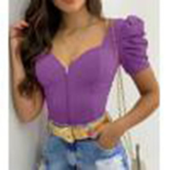 Qmyliery Women Short Puff Sleeve Tops, Summer V Neck Solid Color Zip Up Slim Fit T-Shirts,S/M/L/XL