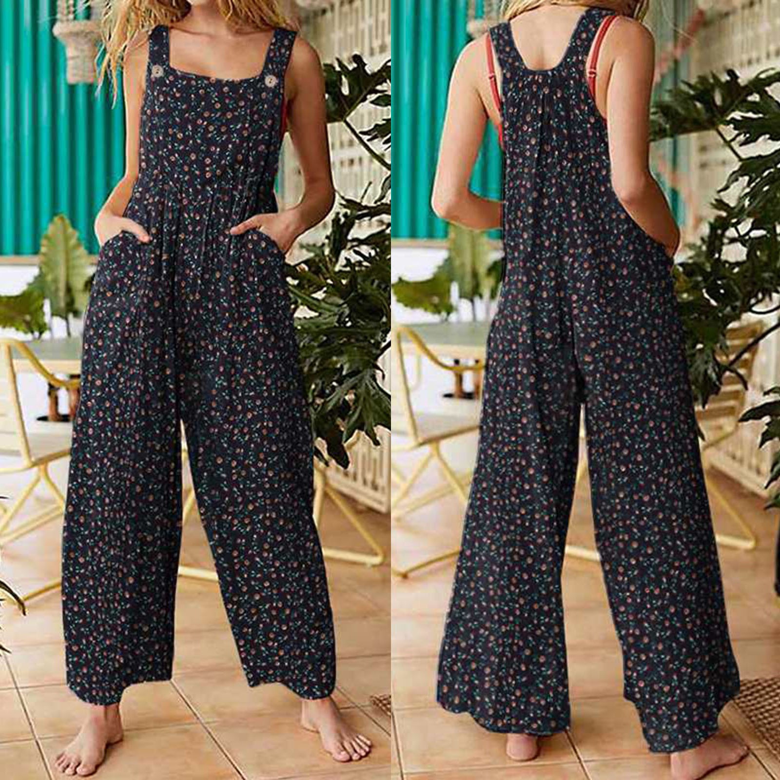 Women's Overalls Casual Baggy Floral Prints Straps Wide Leg with Pockets Vintage Jumpsuit 