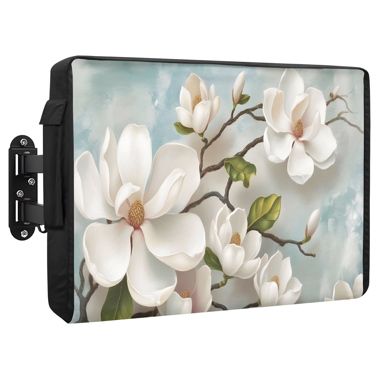 Magnolia Farmhouse Outdoor TV Cover 52 to 55 Inch White Floral Vintage Pastoral Botanical Weatherproof and Waterproof TV Cover Heavy Duty Outside Flat TV Screen Protector with Remote Control Pocket