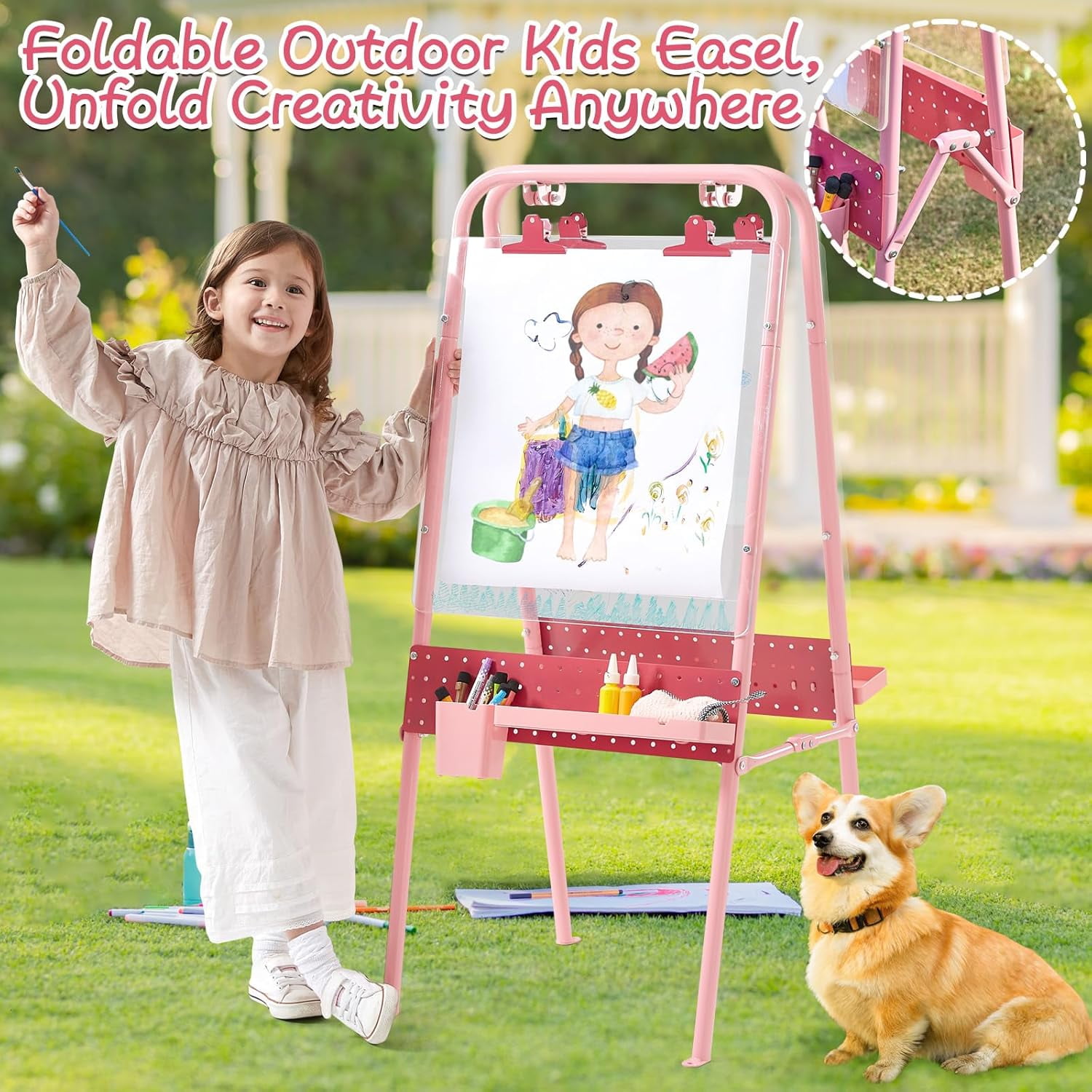 FUNLIO Foldable Outdoor Easel for Kids Aged 3+, Waterproof & Sunproof Kids Easel with 2 Acrylic Boards