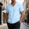 thumbnail image 2 of VBVC Men's V Neck Cotton Linen Short Sleeve T-Shirt , Summer Lightweight Breathable Daily Tops For Men,Light Blue,M-3XL, 2 of 9