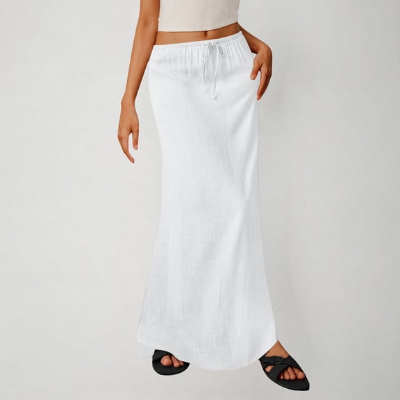 LEKWK Womens Maxi Skirts High Waisted Flowy Skirt Drawstring Maxi Skirt Solid Color Loose Fit Casual Beach Vacation Spring Summer Daily Wear