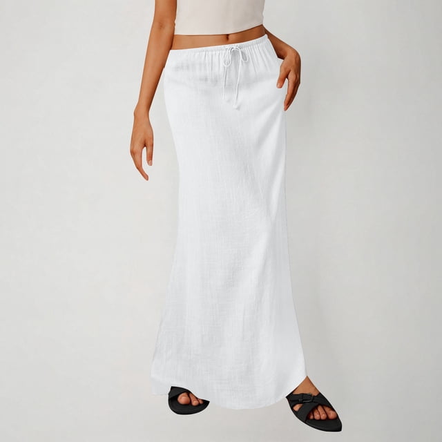 TaTaai Women's High Waist Maxi Skirt Solid Color Linen Feel Elastic Waist with Side Slit A-Line Casual Long Skirt Summer Gift