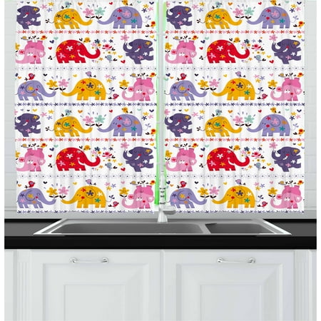 39' Combination Kitchen - Nursery Curtains 2 Panels Set, Cute Elephants Happy Dancing Animals in Various Color Combinations Birds Flowers, Window Drapes for Living Room Bedroom, 55W X 39L Inches, Multicolor, by Ambesonne