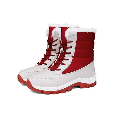 

Ferndule Women Lace Up Warm Ankle Boot Outdoor Lightweight Plush Lining Comfort Booties Comfortable Round Toe Winter Shoes Red 7