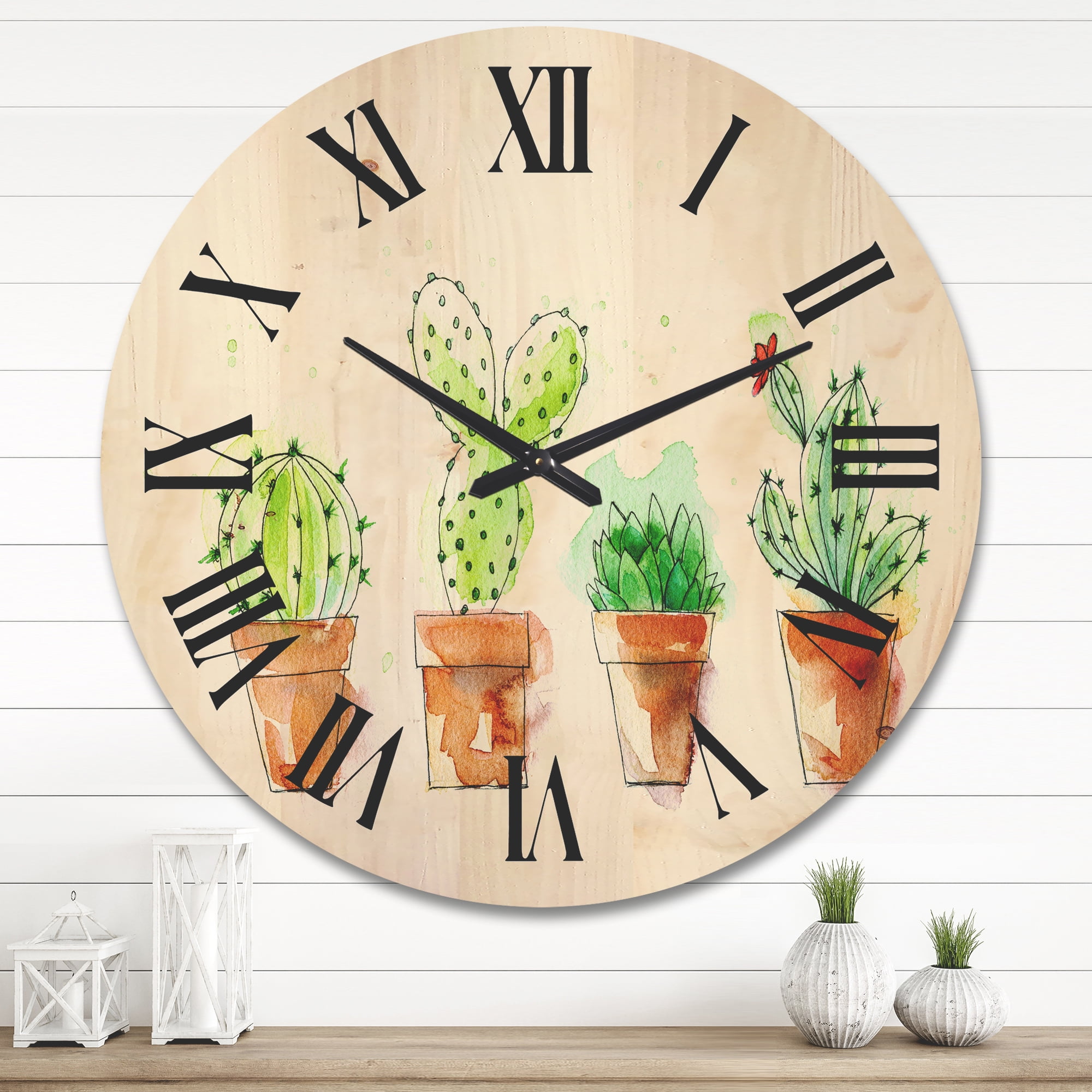 Designart 'Cacti In Gentle Tones In Ceramic Pots I' Traditional Wood Wall Clock