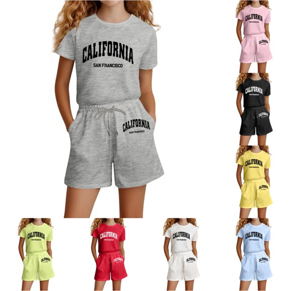 Girls Fashion Letter Print Casual Loose Short Sleeve Suit Girls Clothes 2t-3t 11-12 Years