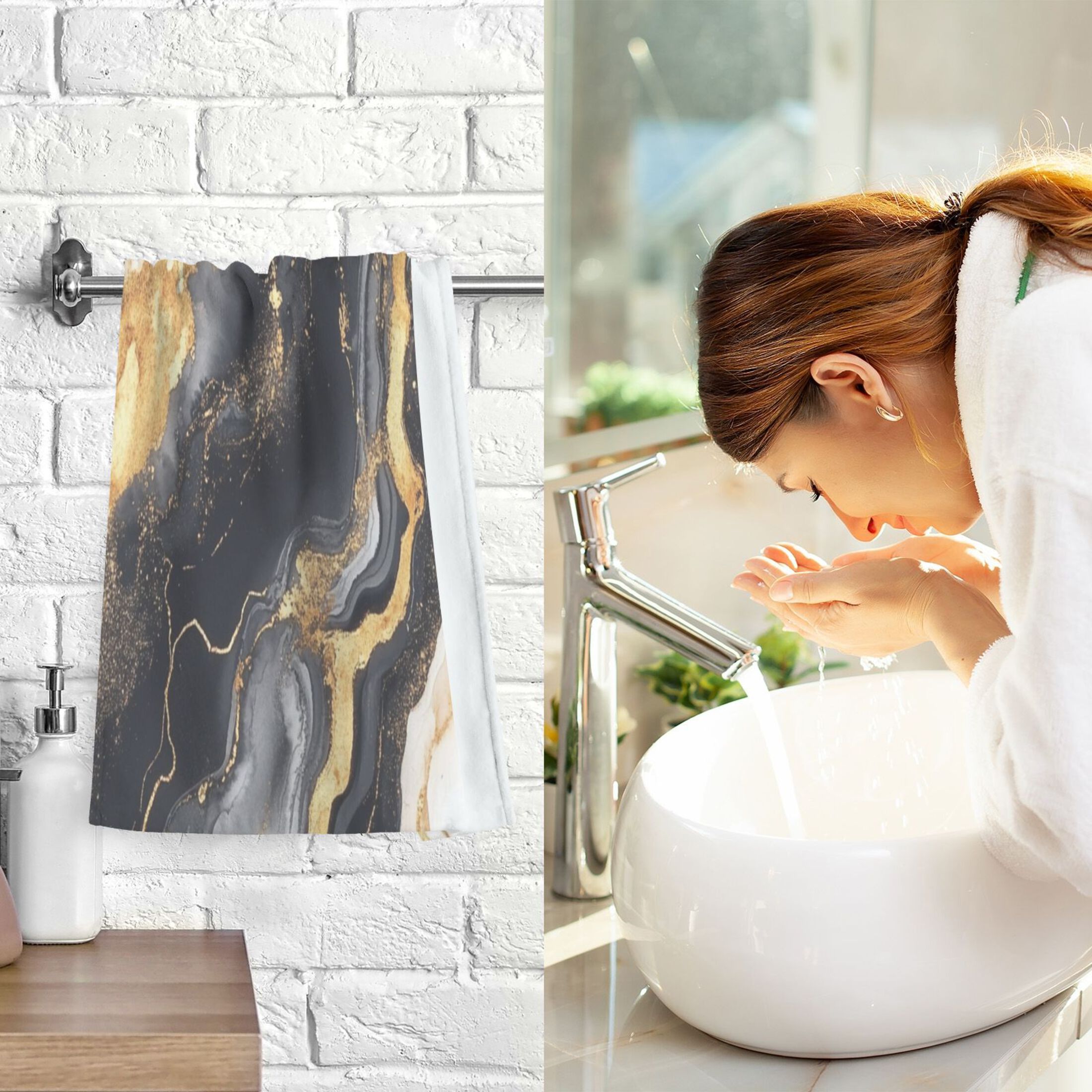 Cotton Towel Two-Piece 16x28 Inch One Sizex2 Face Towel Set Towel Set Cotton Hand Bath Towel Bathroom Beach Black Marble
