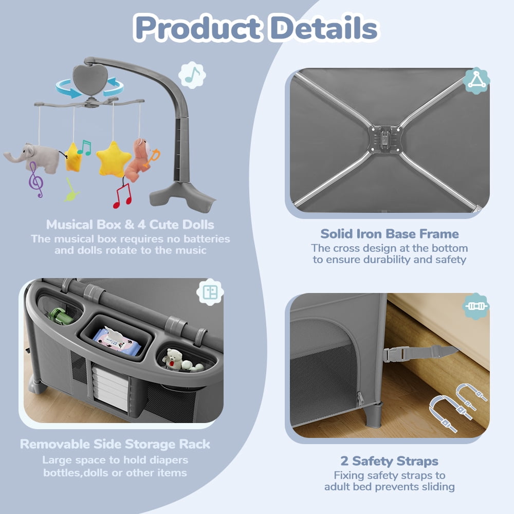 Baby Bassinet, Caveen 5 in 1 Baby Playard with Bassinet, Portable Baby Crib, with Removable Changing Station & Storage Organizer, Grey