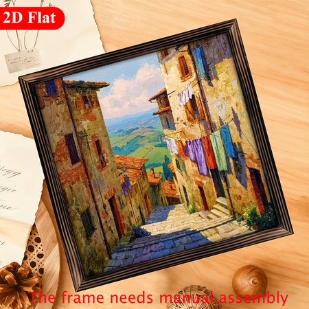 2D Flat, 1pc Rustic Italian Village Wall Art - 12x12 Inch Vintage Farmhouse Decor with Clothes Hanging on Line, Artificial Wood Framed 2D Flat Print for Living Room, Bedroom, Office - Nostalgic E