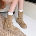 thumbnail image 3 of Motorcycle Boots for Women Platform Chunky Lug Sole Slip on Mid Calf Boots Vintage Leather Round Toe Riding Booties Khaki 7, 3 of 8