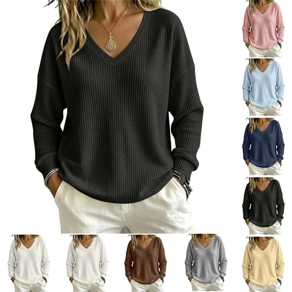 Knit Shirts for Women Zaewscy Fashion Women's Casual Solid Color Long Sleeve V-neck Imitation Blouse Shirt Black XXL