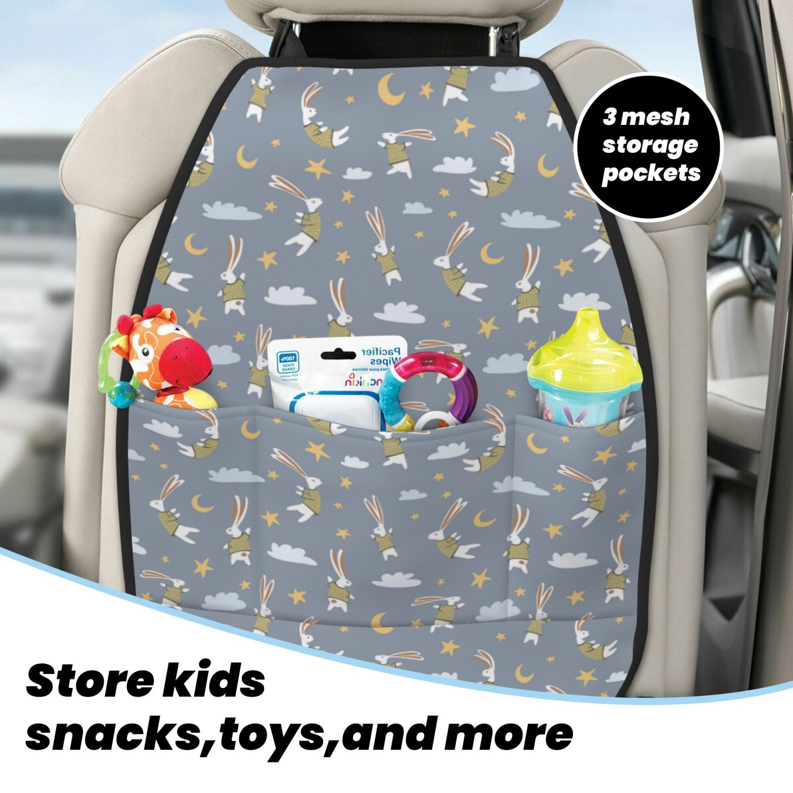 Xecao Sleep Rabbit Pattern Car Seat Back Protector 2 Pack Large Capacity Pocket, Kick Mats Back Seat Protector