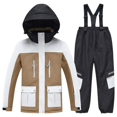 TEAJOPSUU Kids Snowsuits Boys Girls Thick Waterproof Windproof Insulated Ski Jacket and Suspender Snow Pants Winter Warm Snowsuit Set D-Brown