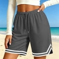 thumbnail image 4 of Costeam Womens Striped Hem Mesh Basketball Shorts Dual Side Slip Pockets Self Fabric Drawstring Full Elastic High Waist Breathable Loose Mid Knee Athletic Workout Short Bottoms, 4 of 8