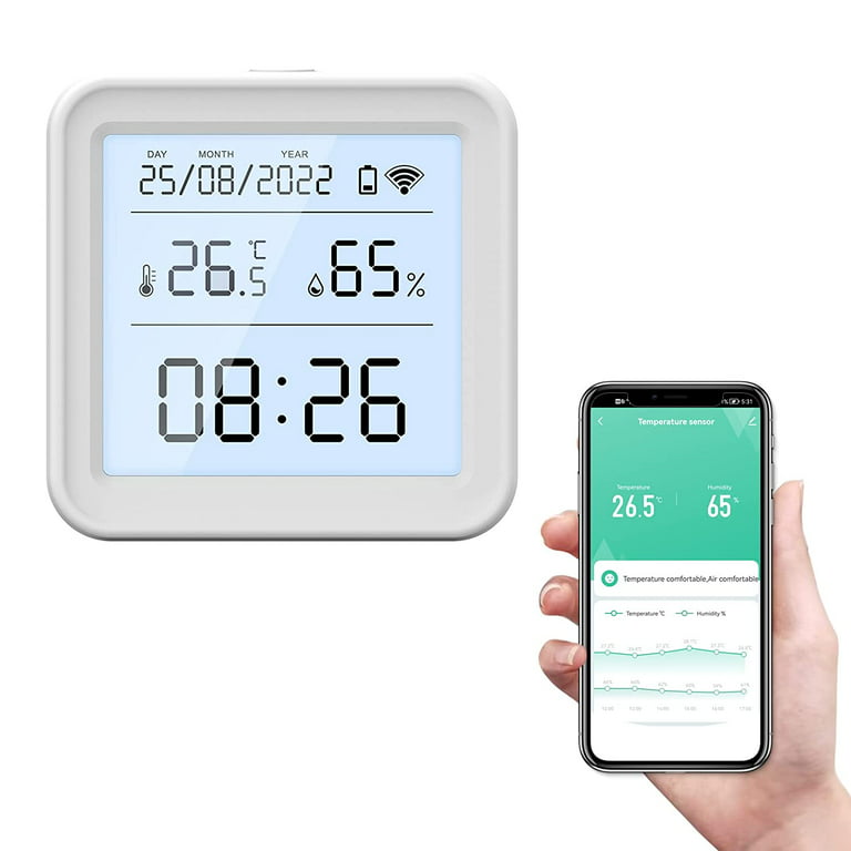 Smart WiFi Thermometer Hygrometer, Indoor Room Digital Temperature Humidity  Sensor with APP Notification Alert, Data Storage, LCD Backlight, WiFi