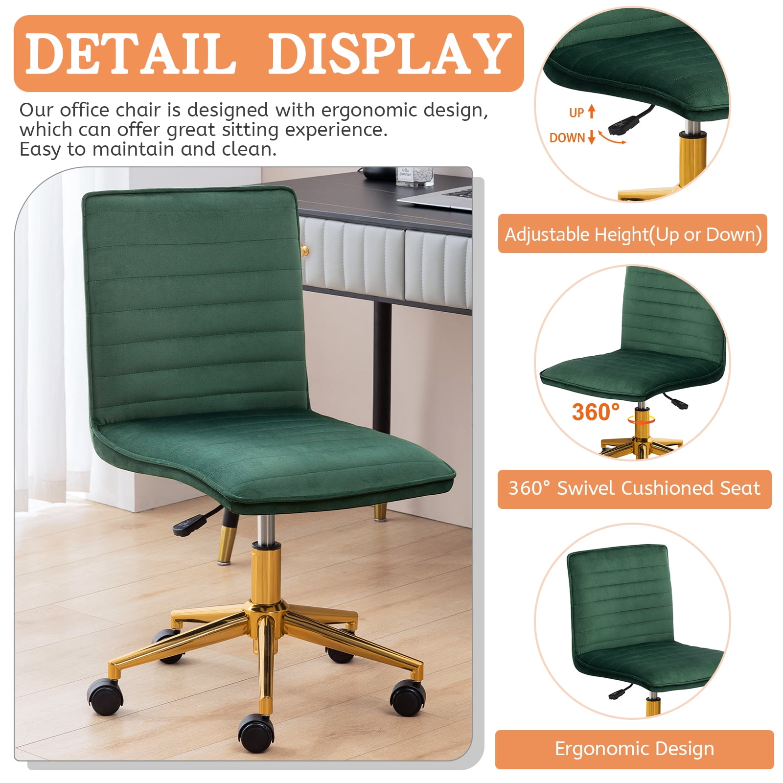 Furniliving Velvet Armless Mid-Back  Task Chair Swivel Office Chair Rolling Computer Chair Adjustable Vanity Chair, Dark Green