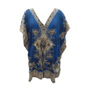 Mogul Womens Caftans Top Blue Dashiki Print Boho Hippie Kaftan Blouse Dress