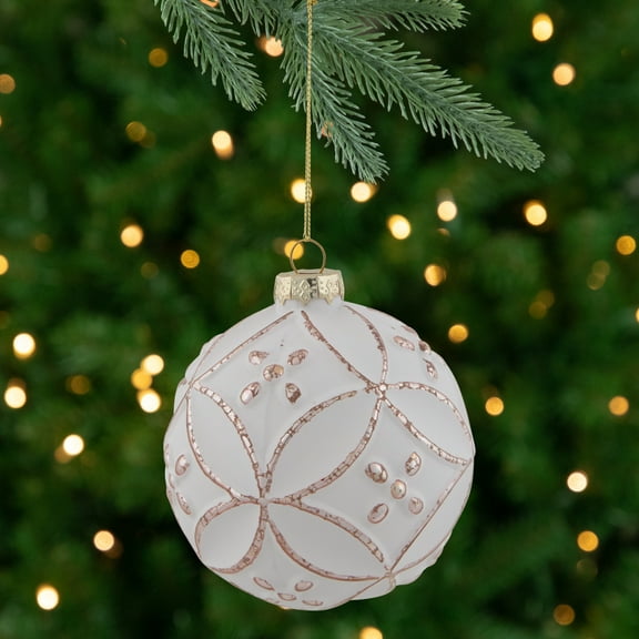Northlight Embossed Floral Matte Glass Christmas Ball Ornament - 3.75" (95mm) - White and Rose Gold