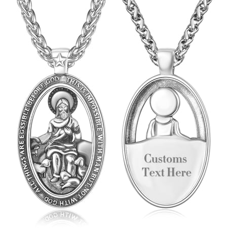 Personalized Engraved 925 Sterling Silver Jesus Shepherd Pendant Necklace for Men, Custom Catholic Religious Christian Jewelry Gift with Thick Wheat Chain
