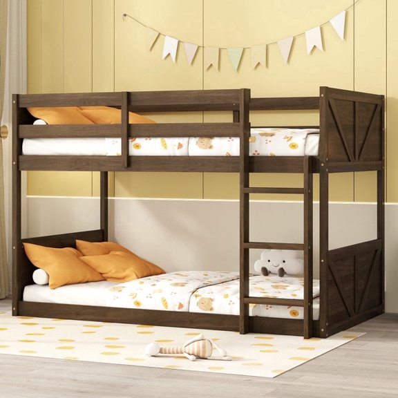 Unbranded Rubber Wood Twin Bunk Bed with Guardrails and Built-in Ladder, Brown