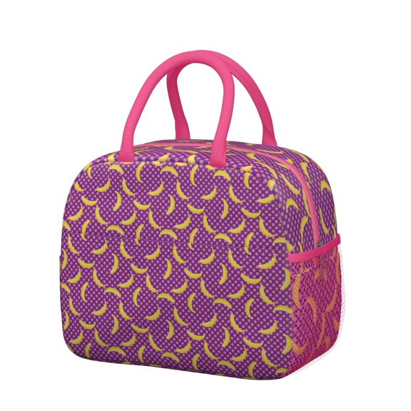 Lunch Bag Lunch Box for Women Reusable Insulated Lunch Bags,Water-Resistant Bananas on Violet Dotted Pattern Cooler Lunch Tote Bag, Large Capacity for Work Travel Picnic