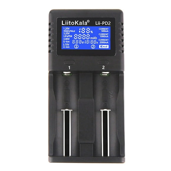 LIITOKALA LII-PD2 Batterie Intelligente pour 18650 26650 21700 NiMH Batteries Rechargeables au Lithium 2 Fentes de Chargement Indépendant Détecteur de Polarisation Automatique