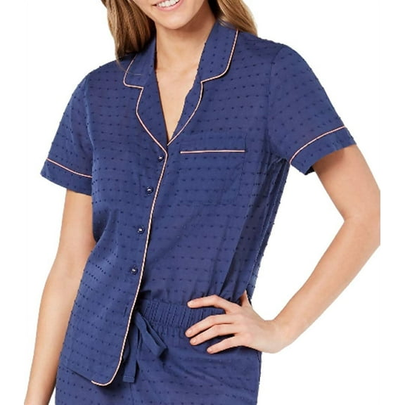 Charter Club Women's Notch Collar Woven Cotton Pajama Top Blue Shark Eye XS
