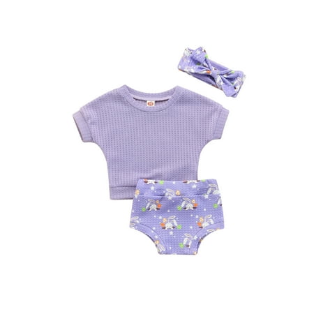 

aturustex 0-24 Months Newborn Baby Girls Clothes Easter Sets 3pcs Rabbit Short Sleeve T-Shirts Top Shorts Headband Outfit