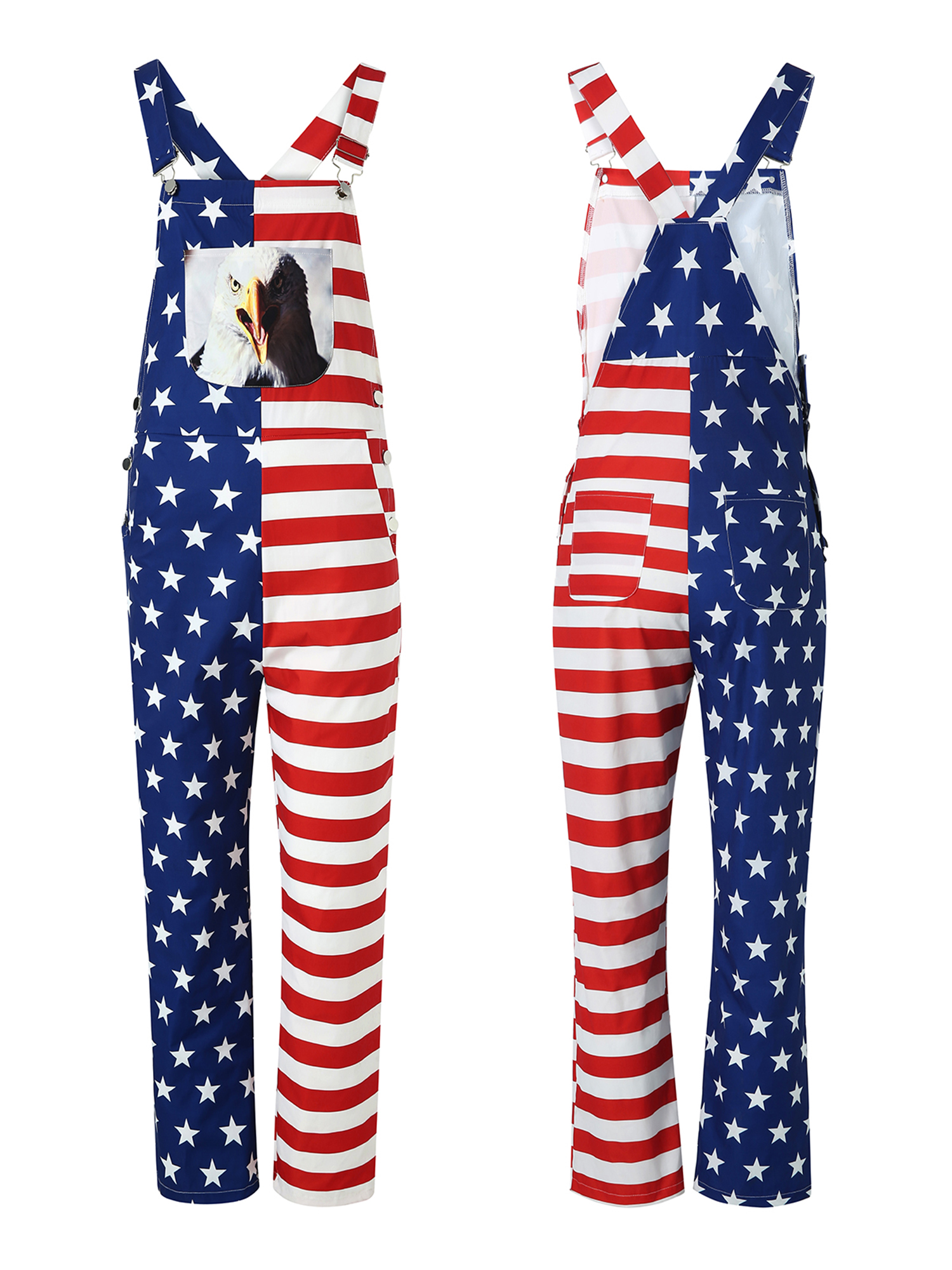 Jamlynbo Women Men Patriotic American Flag Bib Overalls Unisex Adjustable  Strap Button Jumpsuit Denim Romper