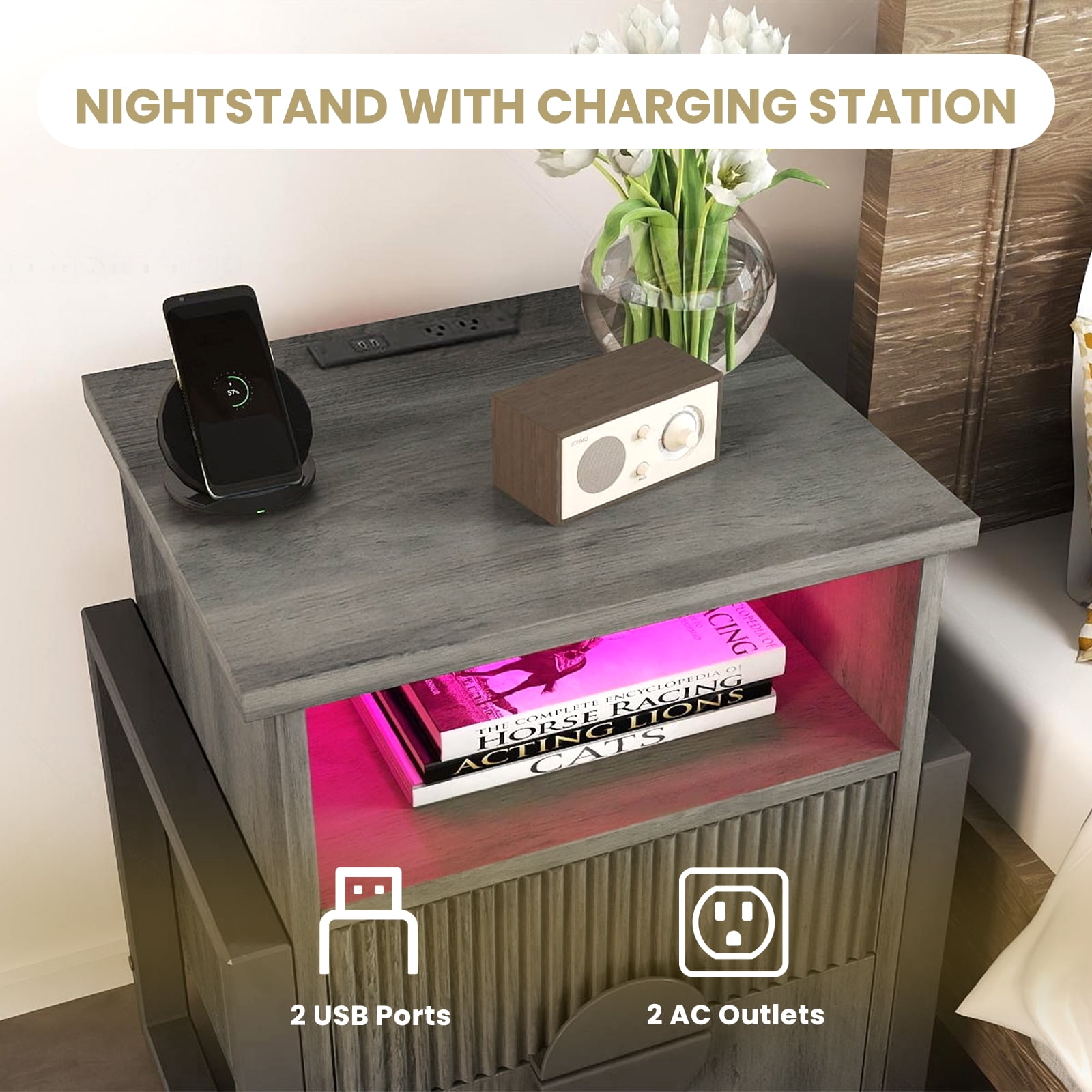 Holliwill Nightstand with Charging Station Set of 2, 2 Drawer Dresser for Bedroom with LED Light, Fluted Bedside Table End Table Side Table for Living Room, Gray