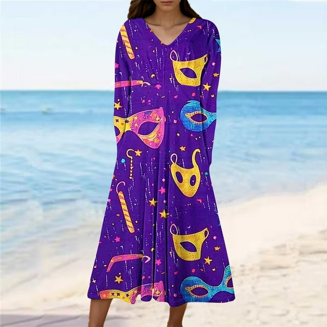 Wzzjkit Chemises à Manches Longues pour Femmes Robe Imprimée Carnaval Col en V Manches Longues