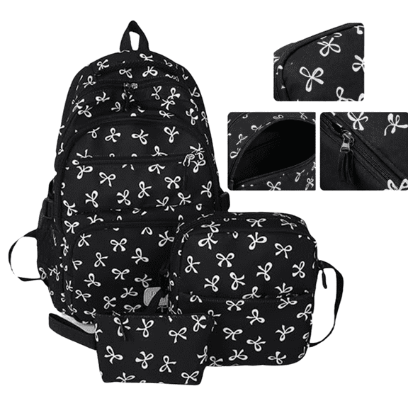3 PCS Black Fashion Bow Printed Backpack Combo 3 in 1 Water Resistant Casual Backpack Crossbody Purse Mini Cosmetic Bag Set for Travel Office Daily Use