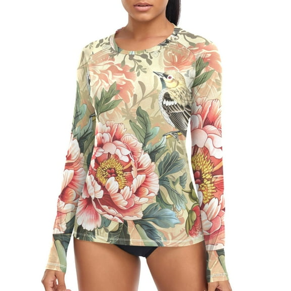 joogoo Womens UPF 50  Rash Guard Bird on Peony Retro Flower Long Sleeve UV Protection Sun Shirts Tops S