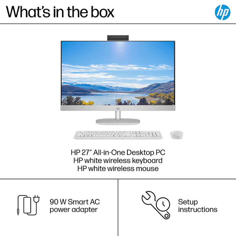 HP 27" FHD All-in-One Desktop Computer, Intel 12-Core Ultra 7 155U Processor, 32GB RAM 1.5TB Storage (1TB SSD+512GB External), Wireless Keyboard & Mouse, Windows 11, PLUSERA Earphones, White