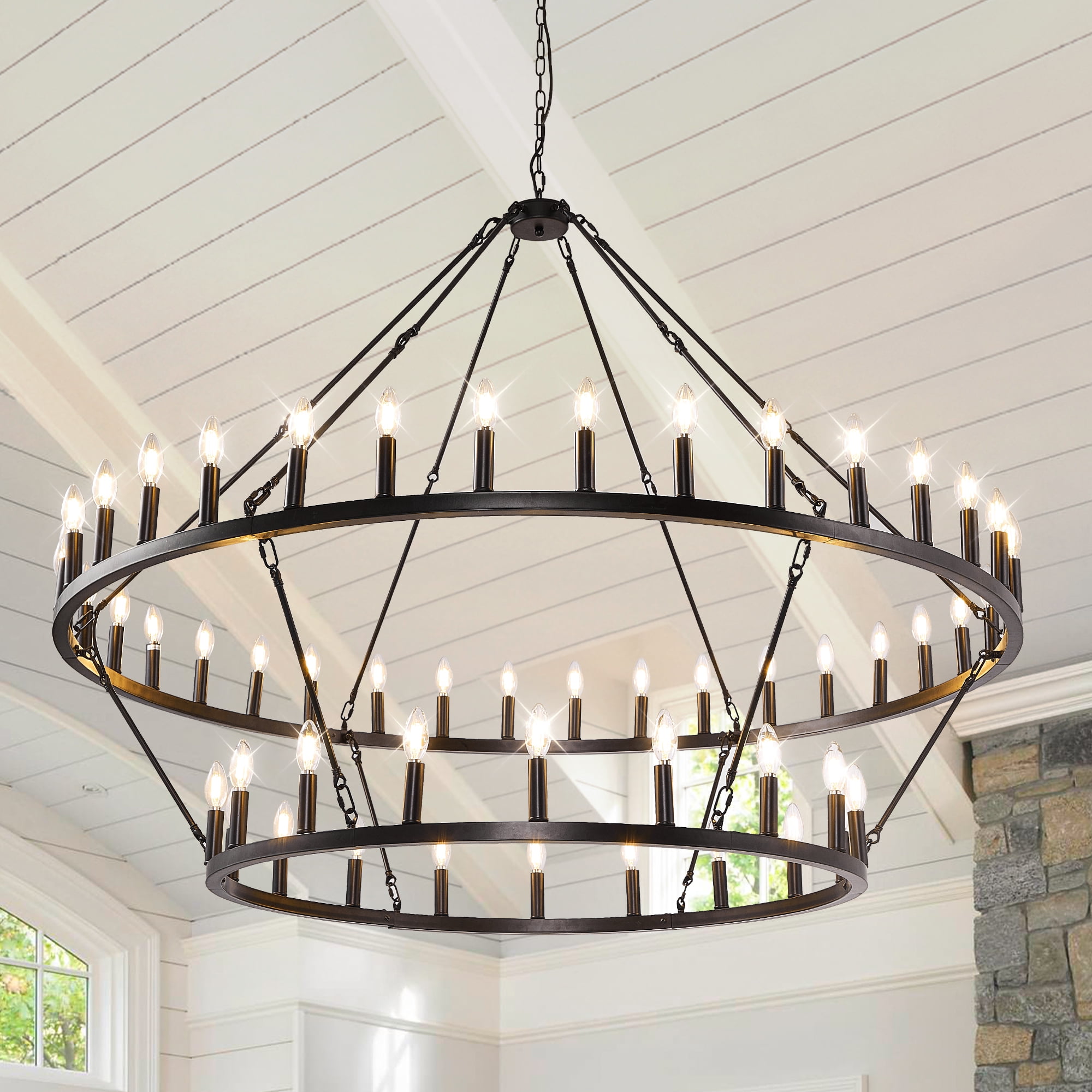 Farmhouse 60'' 2 Layer 54-Light Large Black Wagon Wheel Chandelier for Porch,Living Room