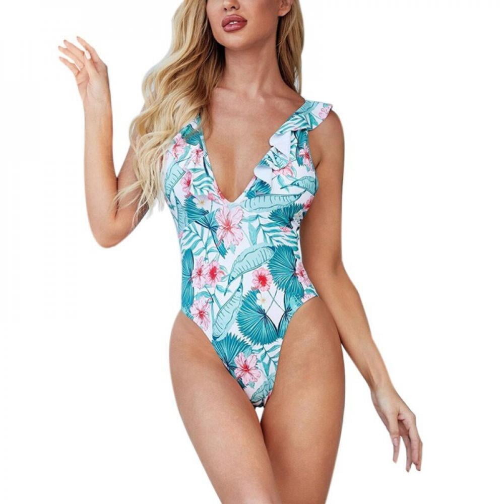 Sales Promotion Women S Deep V One Piece Swimsuit With Ruffle Collar Printing Polyester Quick Drying Soft Handle Comfortable Women Swimwear B S Walmart Com