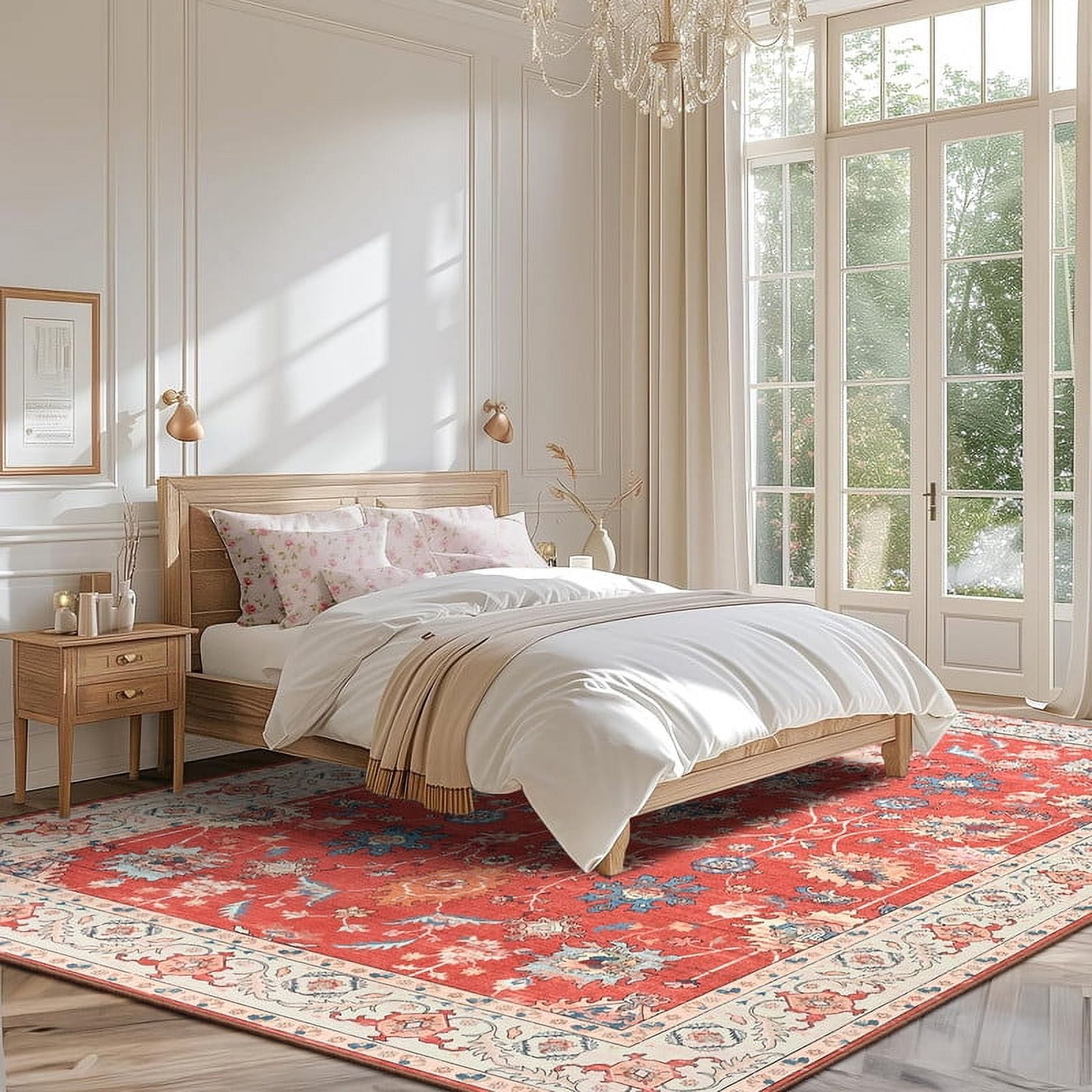 Jamfeel Rugs for Living Room Classic Boho Floral Print Floor Carpets Soft Low Pile Non-slip Washable Area Rug 5'x8' Red