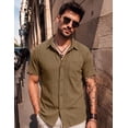 thumbnail image 2 of Men's Short Sleeve Button Down Shirt, Vertical Textured Stripe Casual Summer Beach Shirt, Lightweight Breathable Fashion Top with Front Pocket Khaki M, 2 of 7