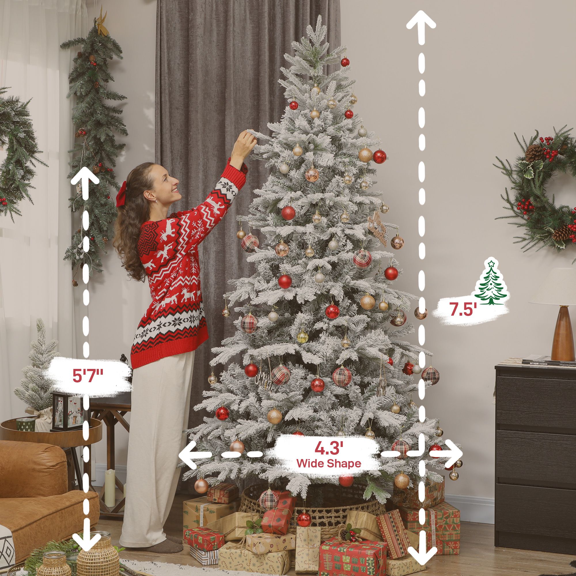 7.5 ft Artificial Frosted Christmas Tree with Realistic Branches, Full Spruce, Hinged Xmas Tree, Easy Assembly