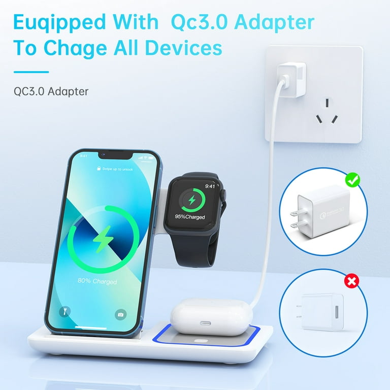 3 in 1 Wireless Charger, 18W Fast Charger Pad Stand Charging Station Dock  for iWatch Series SE 8/7/6/5/4/3 Airpods Pro/3/2 for iPhone 15/14/13/12
