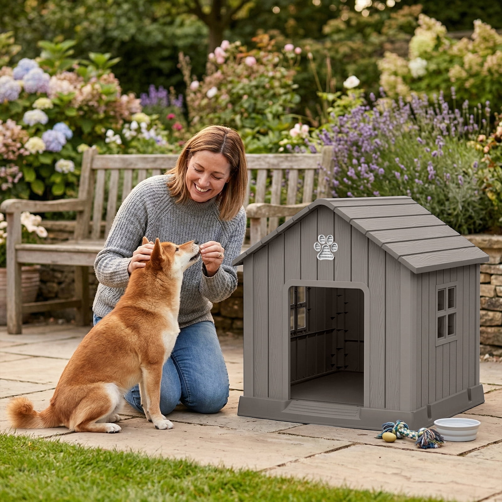 Joxxoaa Dog House Indoor Outdoor for Small to Large Sized Dogs Indoor Outdoor Doghouse Puppy Shelter with Elevated Floor, Easy to Assemble (Brown)