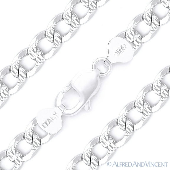 10.5mm Cuban / Curb Link D-Cut Pave Italian Chain Bracelet in .925 Sterling Silver