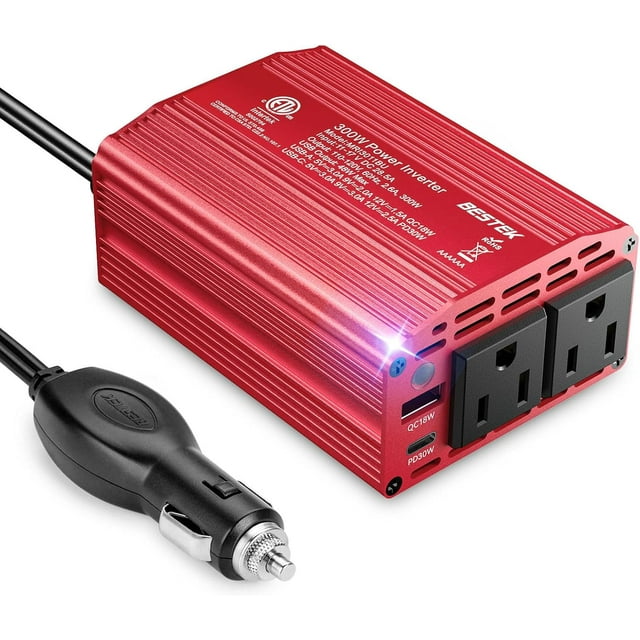 BESTEK 300W Car Power Inverter with 30W PD USB C and QC3.0 Quick Charging, DC 12V to 110V AC Car Plug Adapter Outlet Converter Multi-Protection Car Charger Power Inverter for Laptop Computer