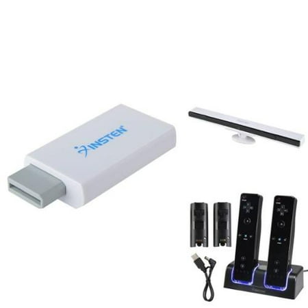 Insten Wireless Sensor Bar + Black Dual Charger w/ 2-pack 2800mah Battery + Wii to HDMI Adapter For Nintendo Wii Remote