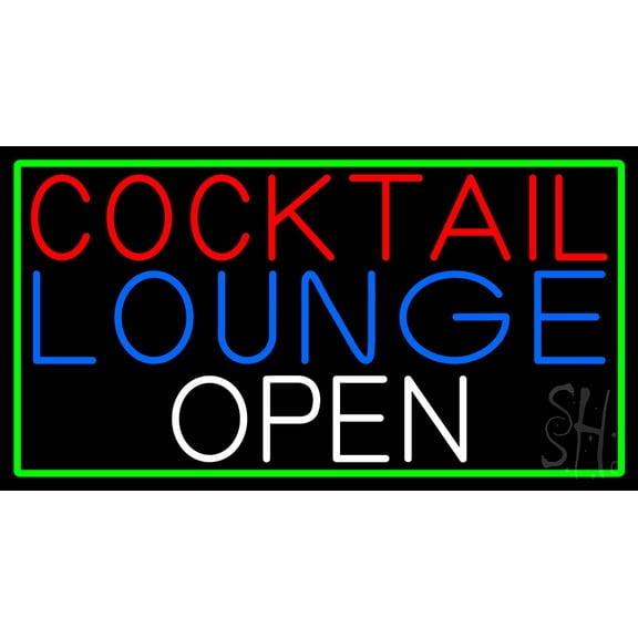 Cocktail Lounge Open With Green Border LED Neon Sign 13 x 24 - inches, Clear Edge Cut Acrylic Backing, with Dimmer - Bright and Premium built indoor LED Neon Sign for Bar decor.