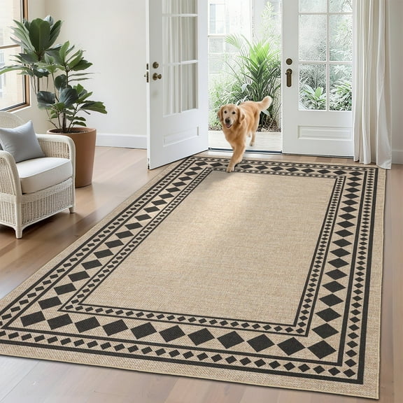 Garvee 8'x10' Modern Bordered Rug Solid Area Rug, Geometric Washable Rugs Stain Resistant Low Pile Rug Non Slip Indoor Outdoor Carpet for Living Room Bedroom Home Office, Jute