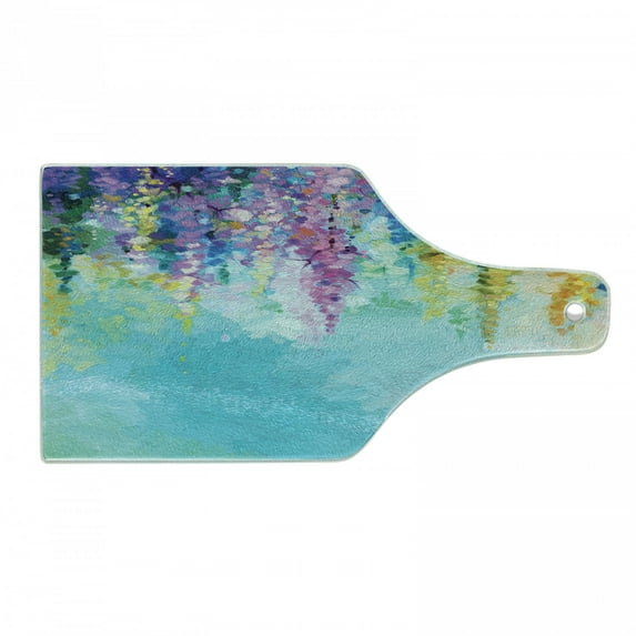 Flower Cutting Board, Abstract Ivy Romantic and Landscape Spring Floral Art Nature Theme, Decorative Tempered Glass Cutting and Serving Board, Wine Bottle Shape, Multicolor, by Ambesonne